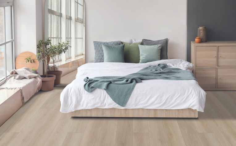 wood-look laminate in Scandinavian style bedroom